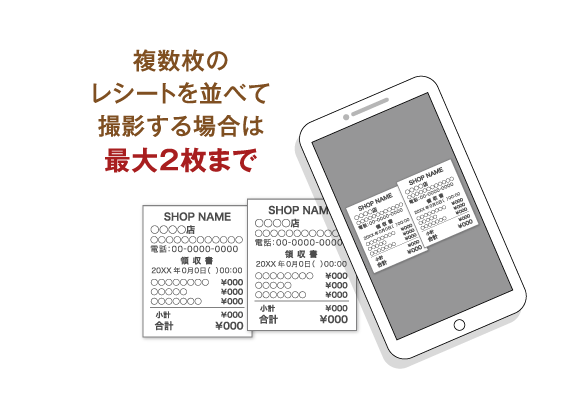 複数枚のレシートを並べて撮影する場合は最大2枚まで
